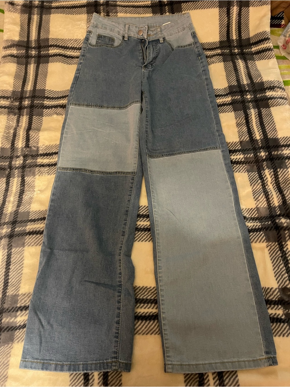 Two-Tone Patchwork Wide-Leg Jeans - Blue Y2K